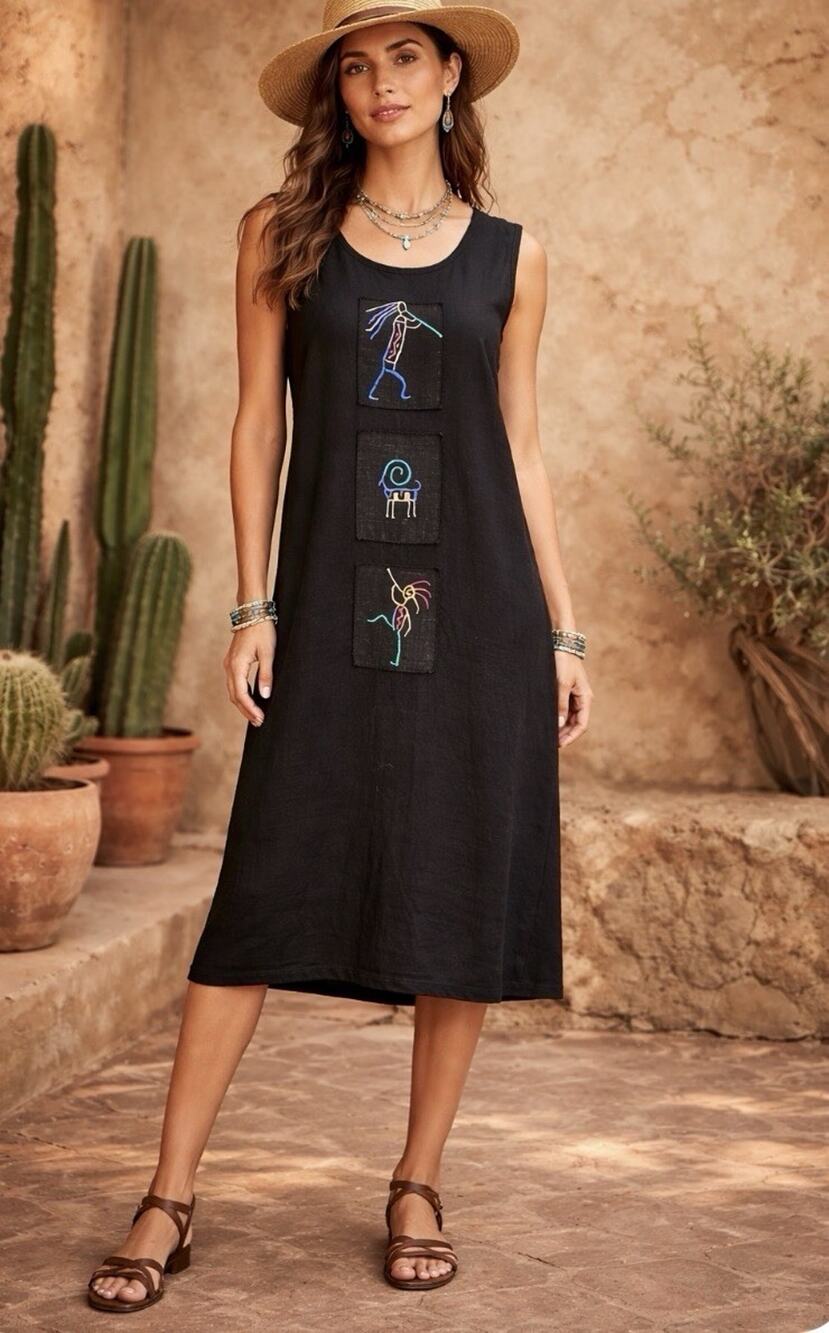 Black Kaktus Sz Med Embroidered Boho Hippy Lagenlook Maxi Dress USA